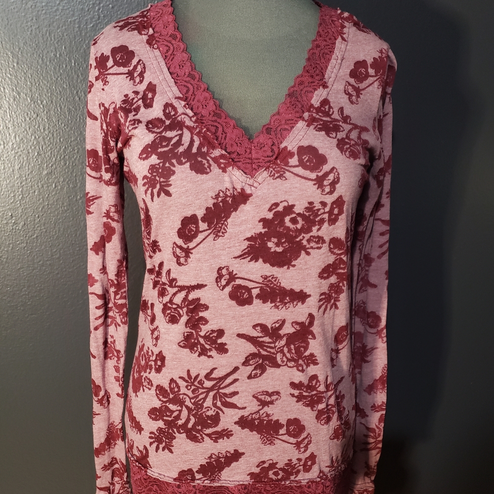 36. Vanity Burgundy Floral Lace V-Neck Top